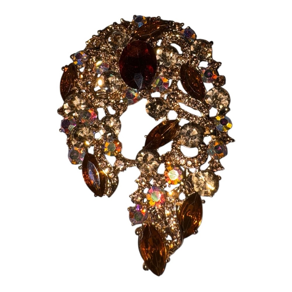 Amber Rhinestone Openwork Gold Statement Brooch J… - image 2
